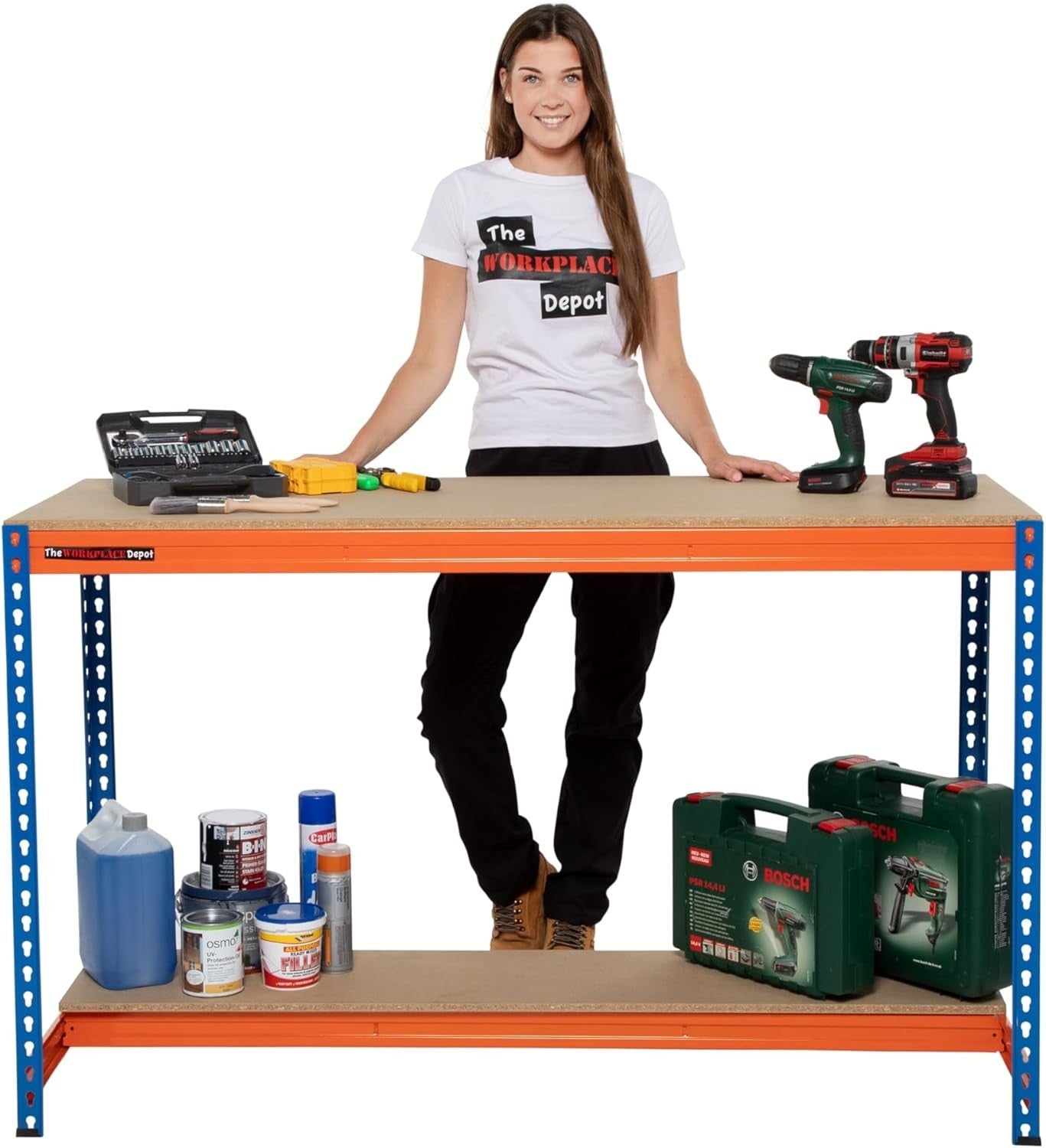 Heavy Duty Workbench 500kg Steel 2 Tier Garage Station with Chipboard Shelves