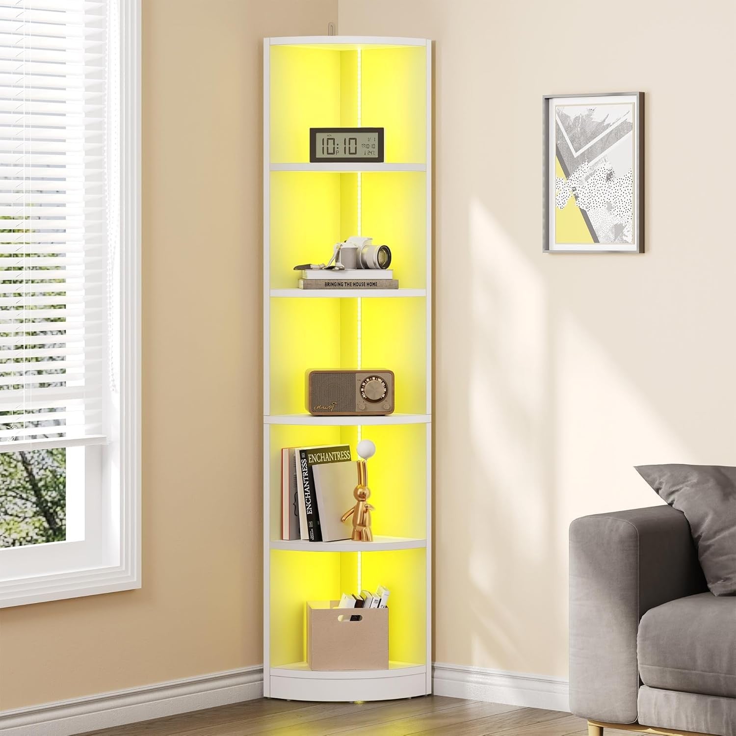 5-Tier LED Corner Bookshelf – Modern Tall Display Unit with Bluetooth & Storage