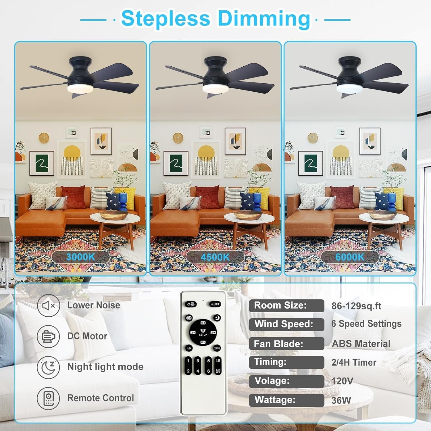 35-Inch Black Ceiling Fan with Lights 5 Blades 6 Speeds Remote