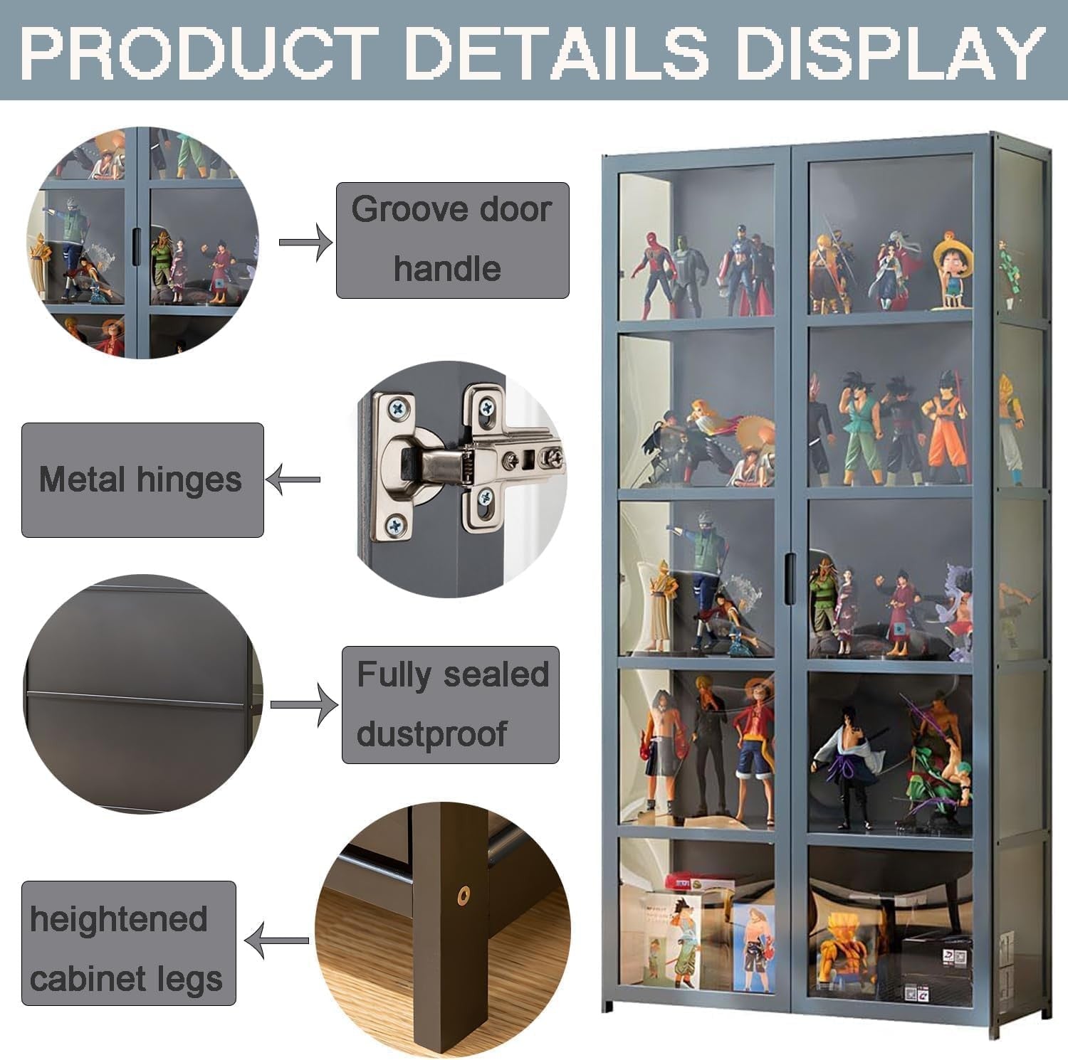 5 Tier LED Display Cabinet with Acrylic Flip Doors | Tall Bamboo Curio Shelf for