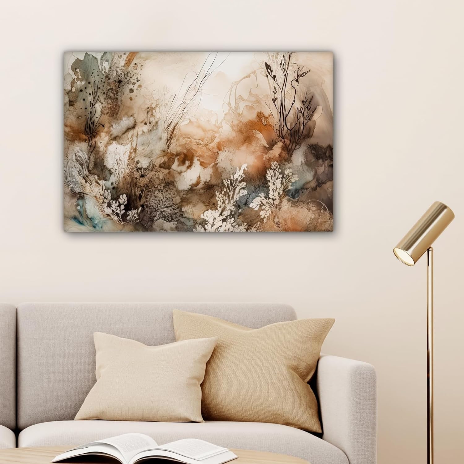 Abstract Floral Canvas Wall Art 60x40cm Framed Beige Nature