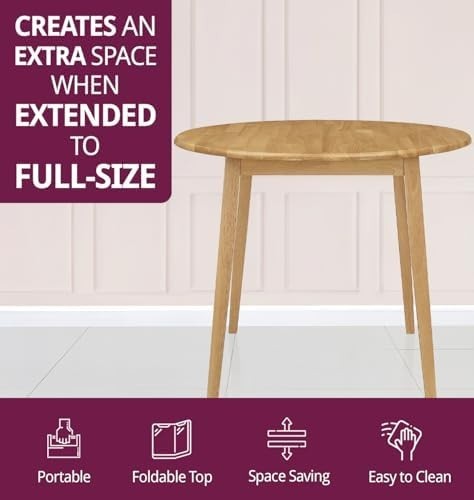 Solid Round Drop Leaf Dining Table Light Oak Space-Saving Extendable