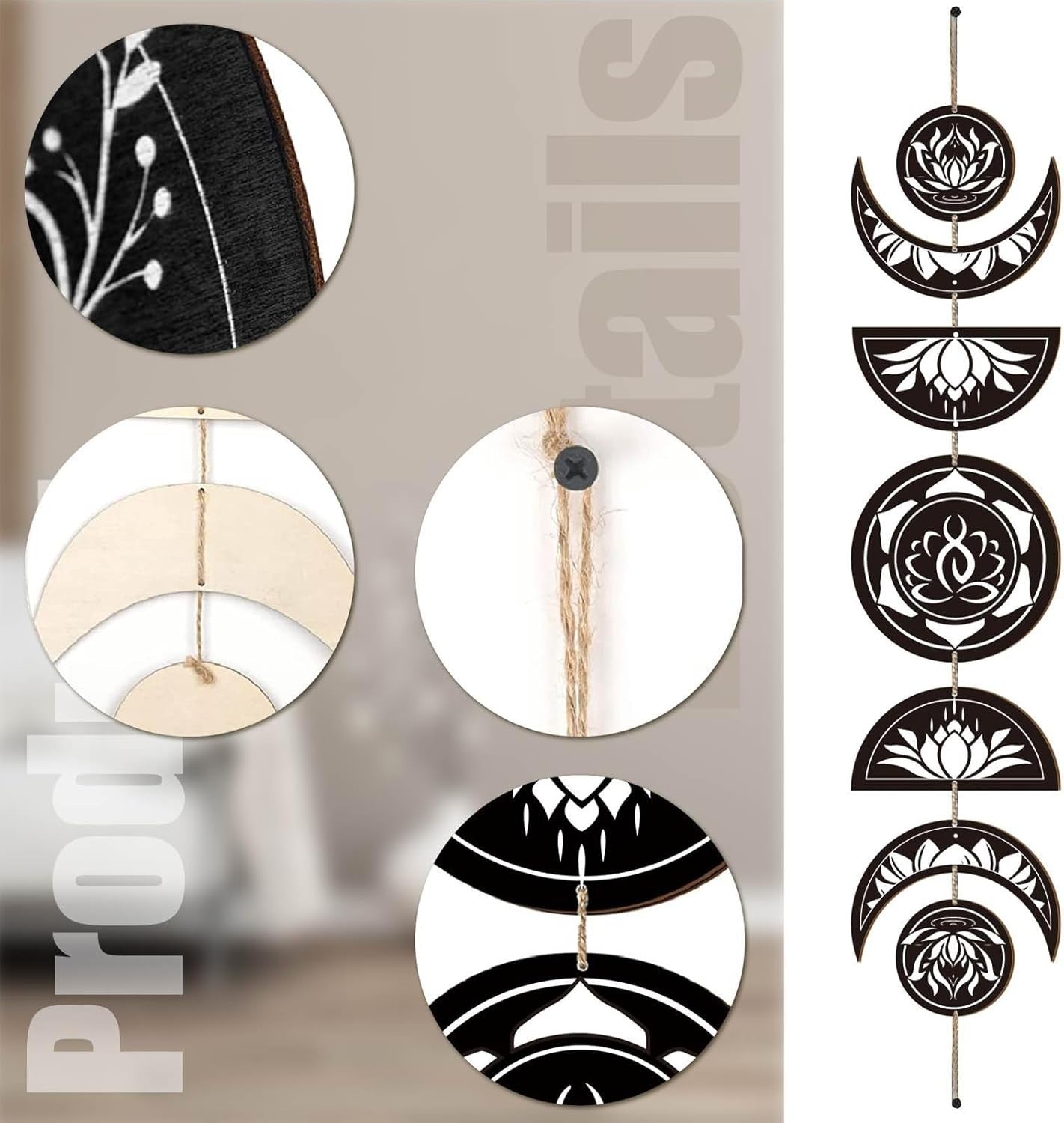 Lotus Moon Phase Wall Hanging Boho Wooden Witchy Decor 7pcs