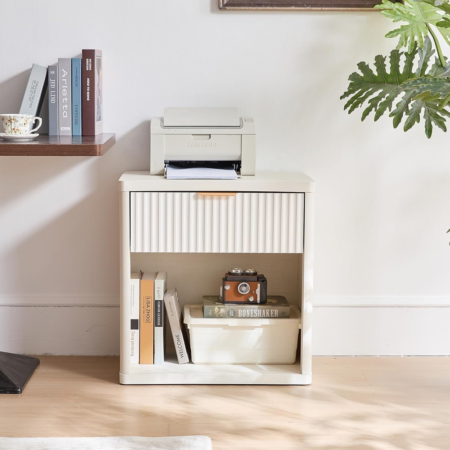 White Fluted Bedside Table with Drawer Modern Nightstand Storage Cabinet