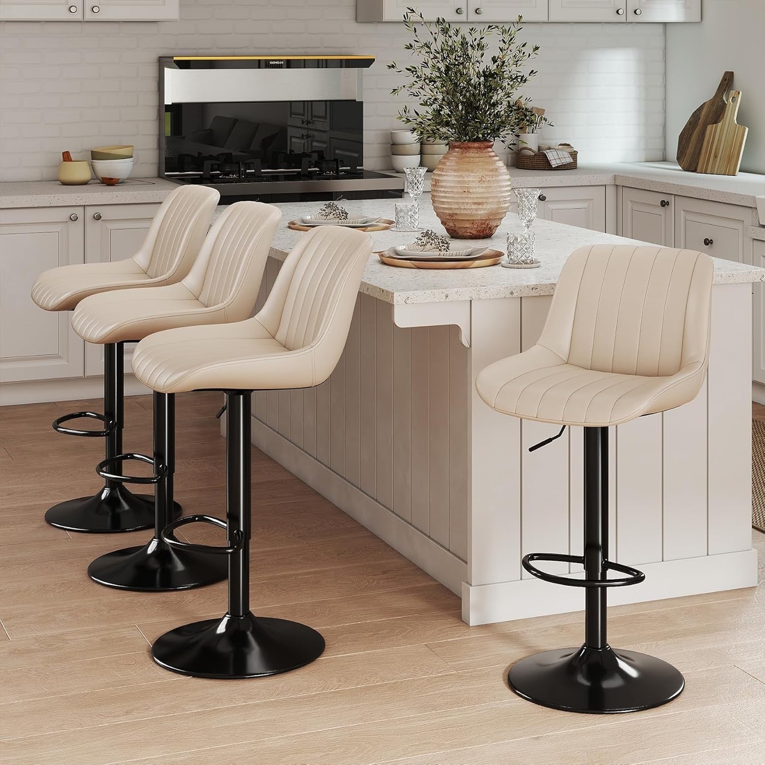 Adjustable Swivel Bar Stools Set of 2 PU Leather Counter Height Beige