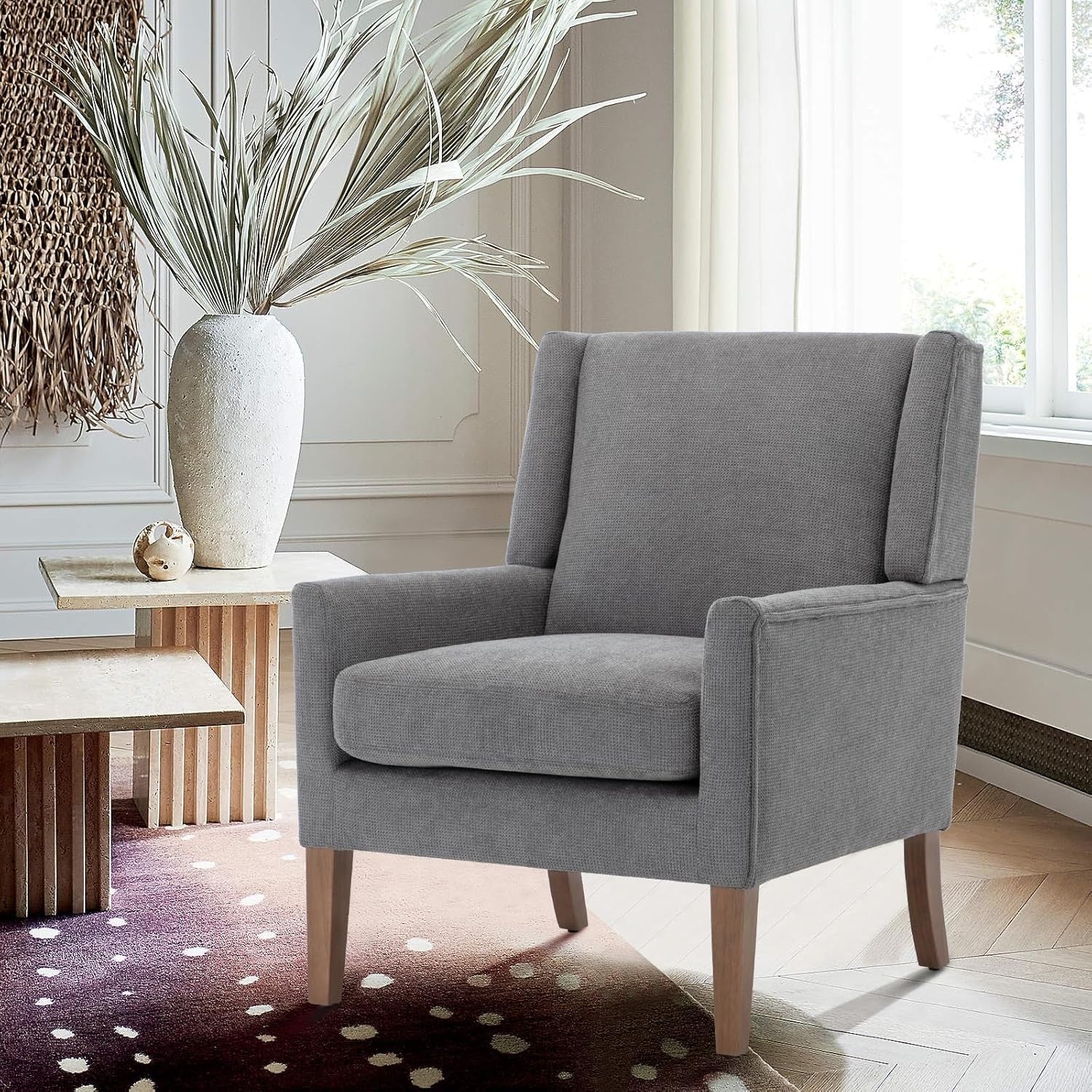 Grey Wingback Accent Armchair Upholstered Lounge Wood Legs