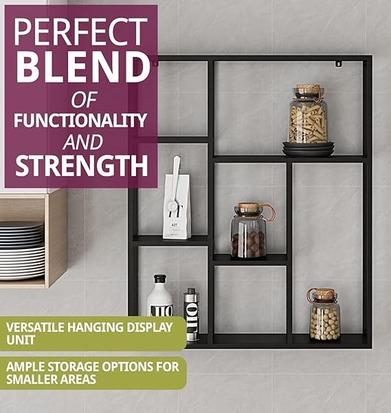 Modern Black Metal Wall Shelf Unit – Floating Display Rack for Living Room