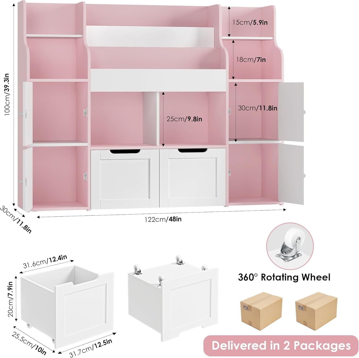 Kids Toy Storage Unit Bookcase with Doors Drawers & Shelves – White Pink