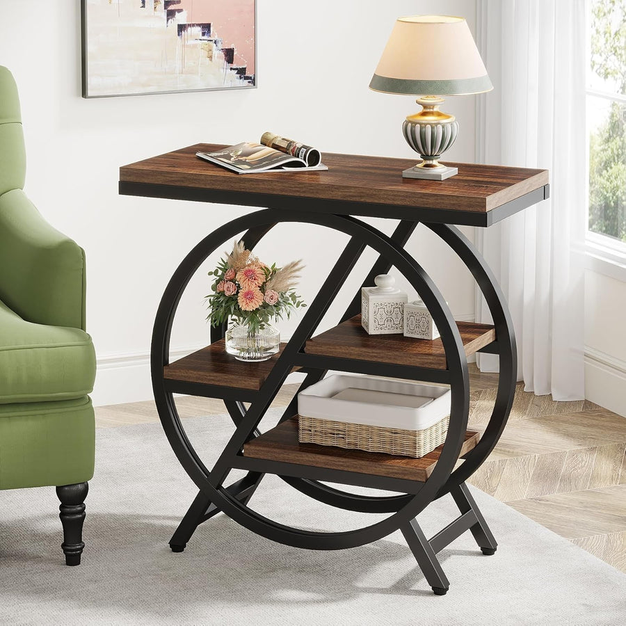 3-Tier Rustic Brown Side Table with Storage, Industrial Sofa & Nightstand