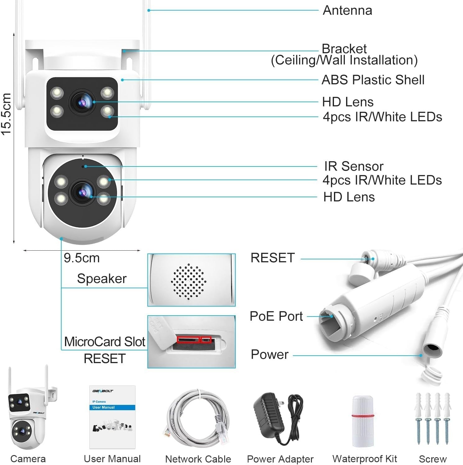 Dual Lens PoE Security Camera Outdoor PTZ Auto Tracking Night Vision