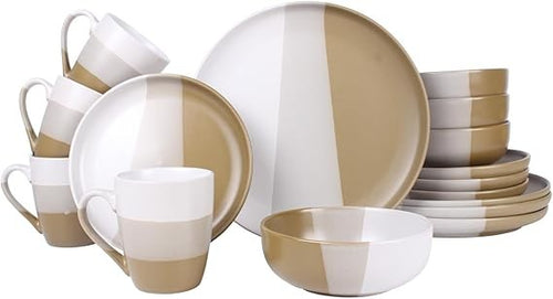 16 Piece Stoneware Dinner Set Plates Bowls Mugs for 4 Beige Crockery