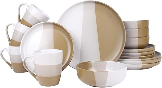 16 Piece Stoneware Dinner Set Plates Bowls Mugs for 4 Beige Crockery