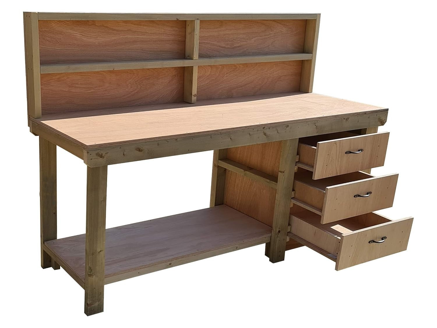 7ft Heavy Duty Wooden Workbench – Eucalyptus Top, 3 Drawers, Shelf & Back Panel