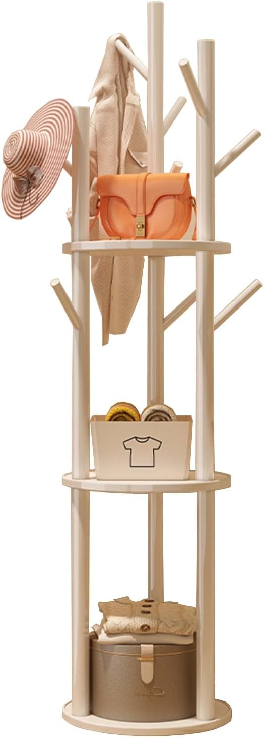 White Wood Freestanding Coat Rack | 3 Shelves 9 Hooks Hall Tree Stand for Coats