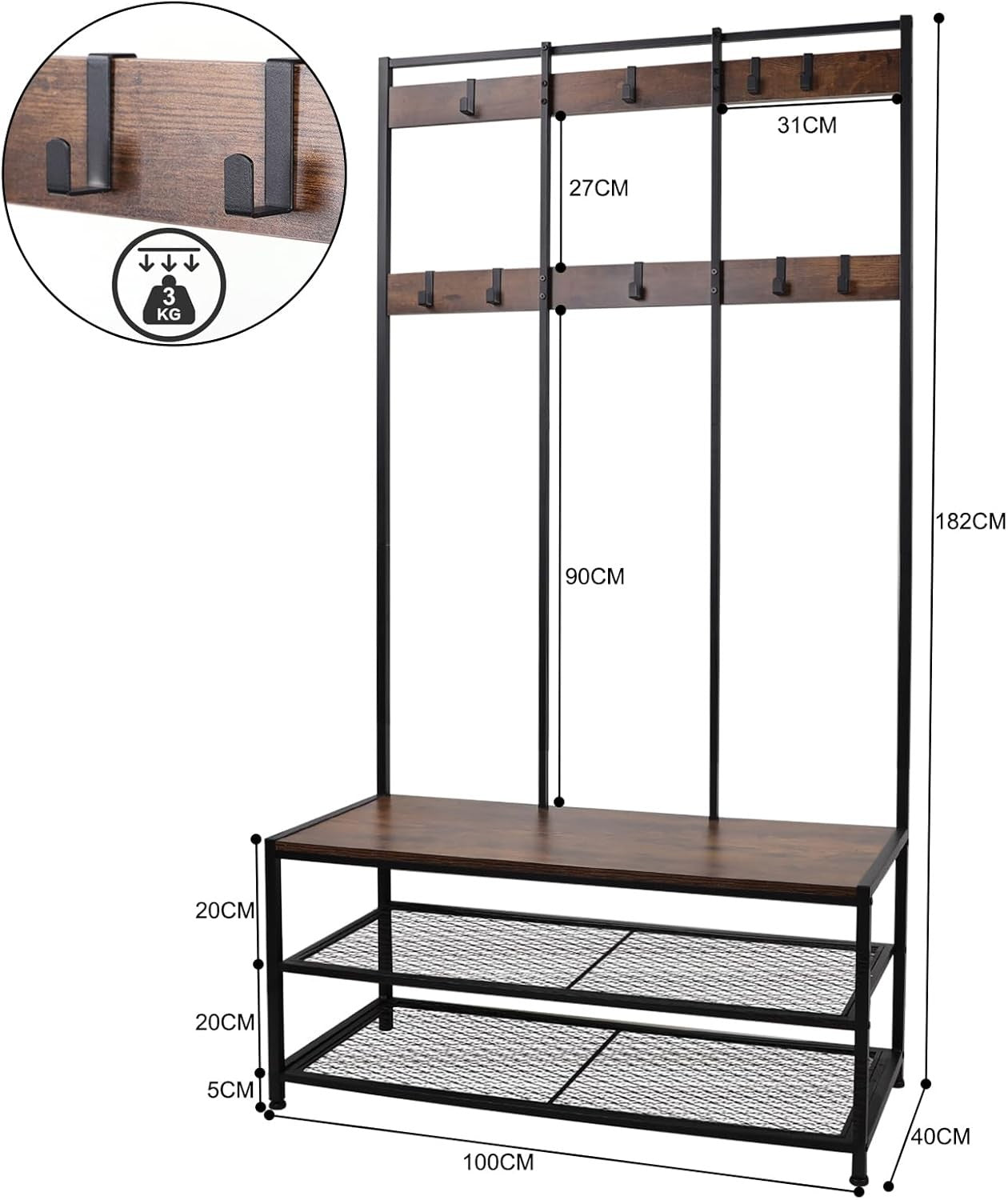 Industrial Coat Rack with Bench 3-in-1 Shoe Storage Hall Tree 12 Hooks 184cm