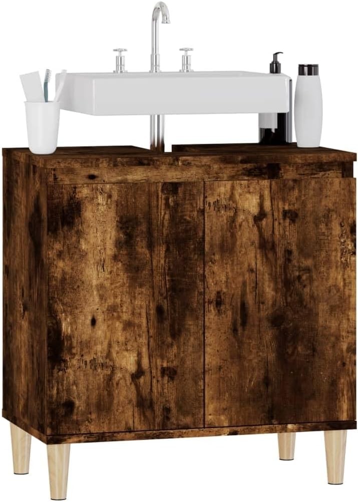 Smoked Oak Under Sink Bathroom Cabinet – Modern Vanity Storage Unit 58x33x60cm