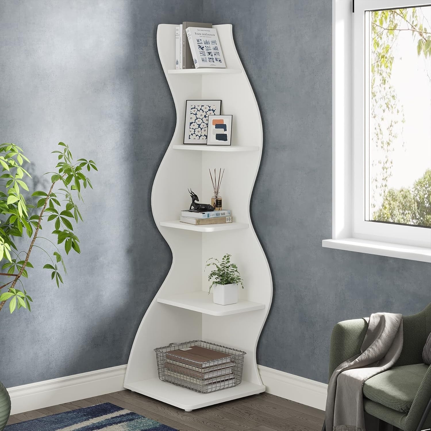 Modern 5-Tier Corner Bookshelf Wave Design Wall Storage Rack for Living Room