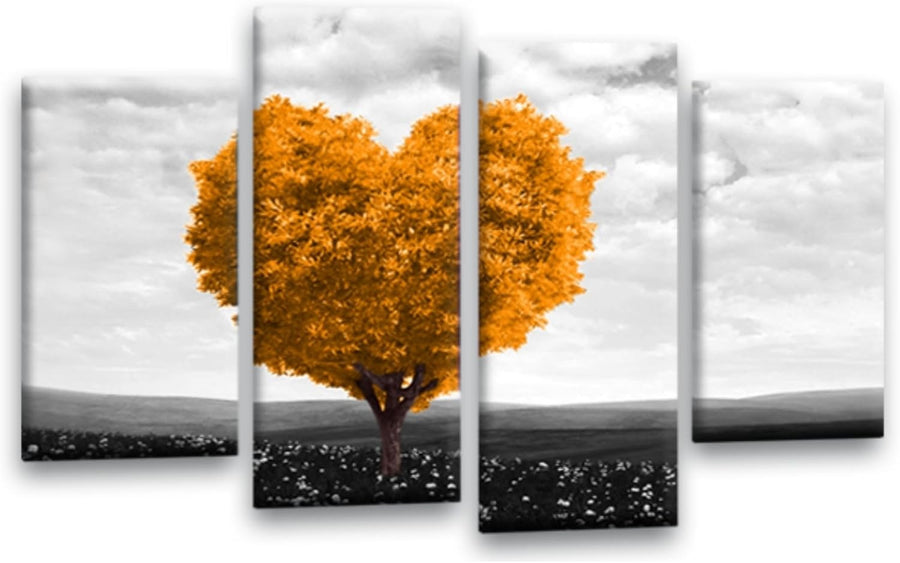 Orange Grey Heart Tree Canvas Wall Art 4 Panel Framed