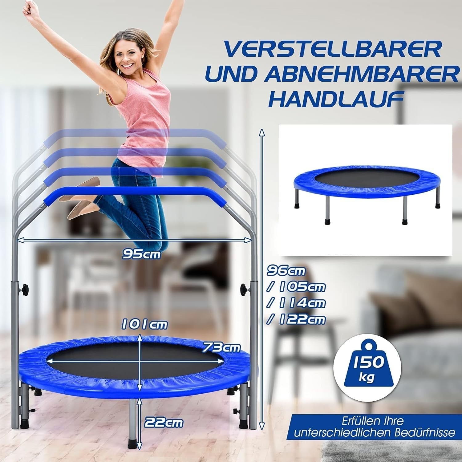 101cm Fitness Rebounder Trampoline Adjustable Handle Foldable 150kg