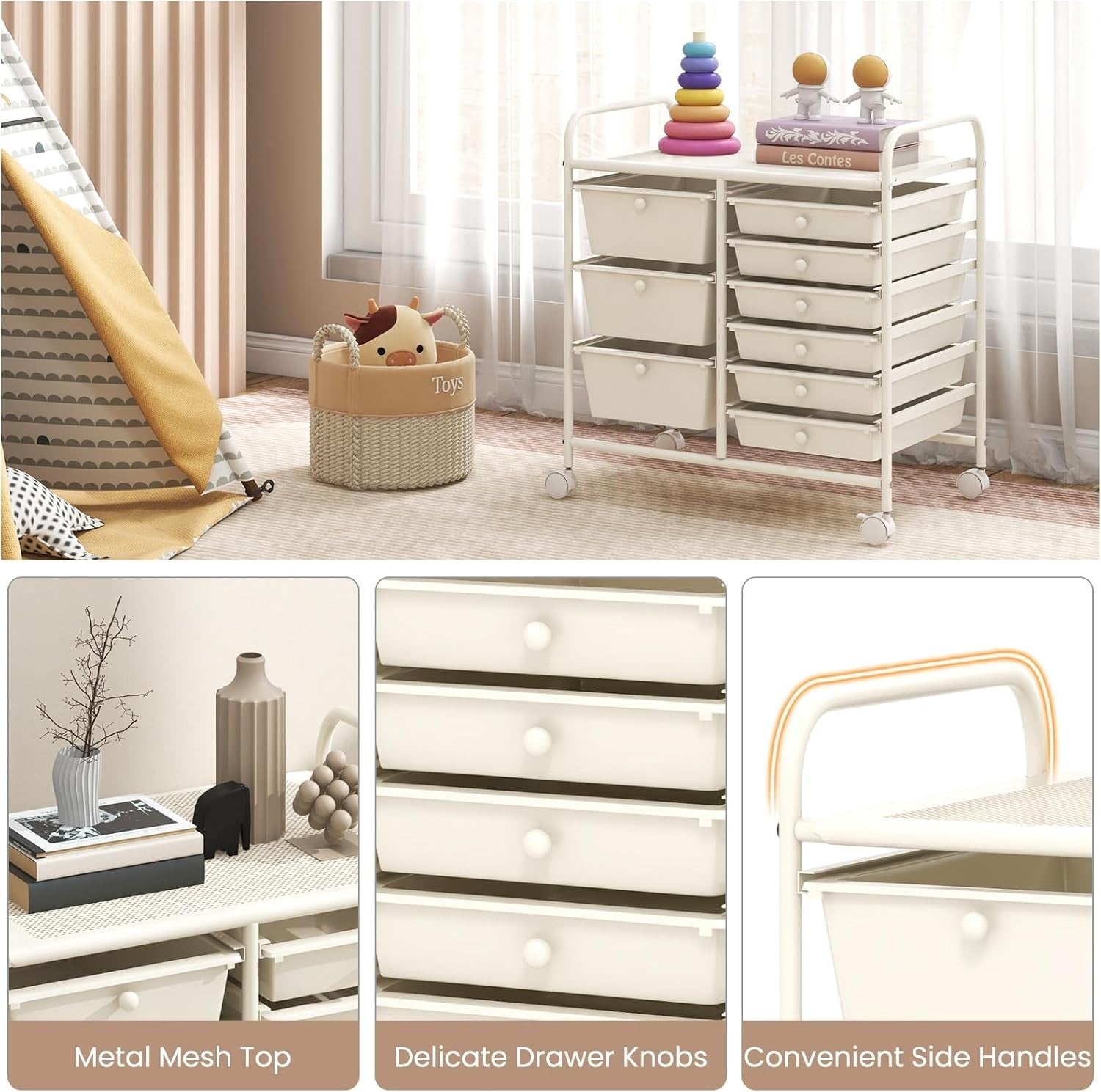 9 Drawer Rolling Storage Cart White Utility Organizer Trolley Wheels