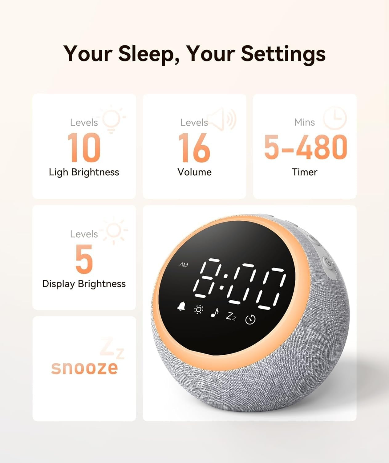 White Noise Sound Machine Alarm Clock Night Light 25 Sounds Sleep Aid
