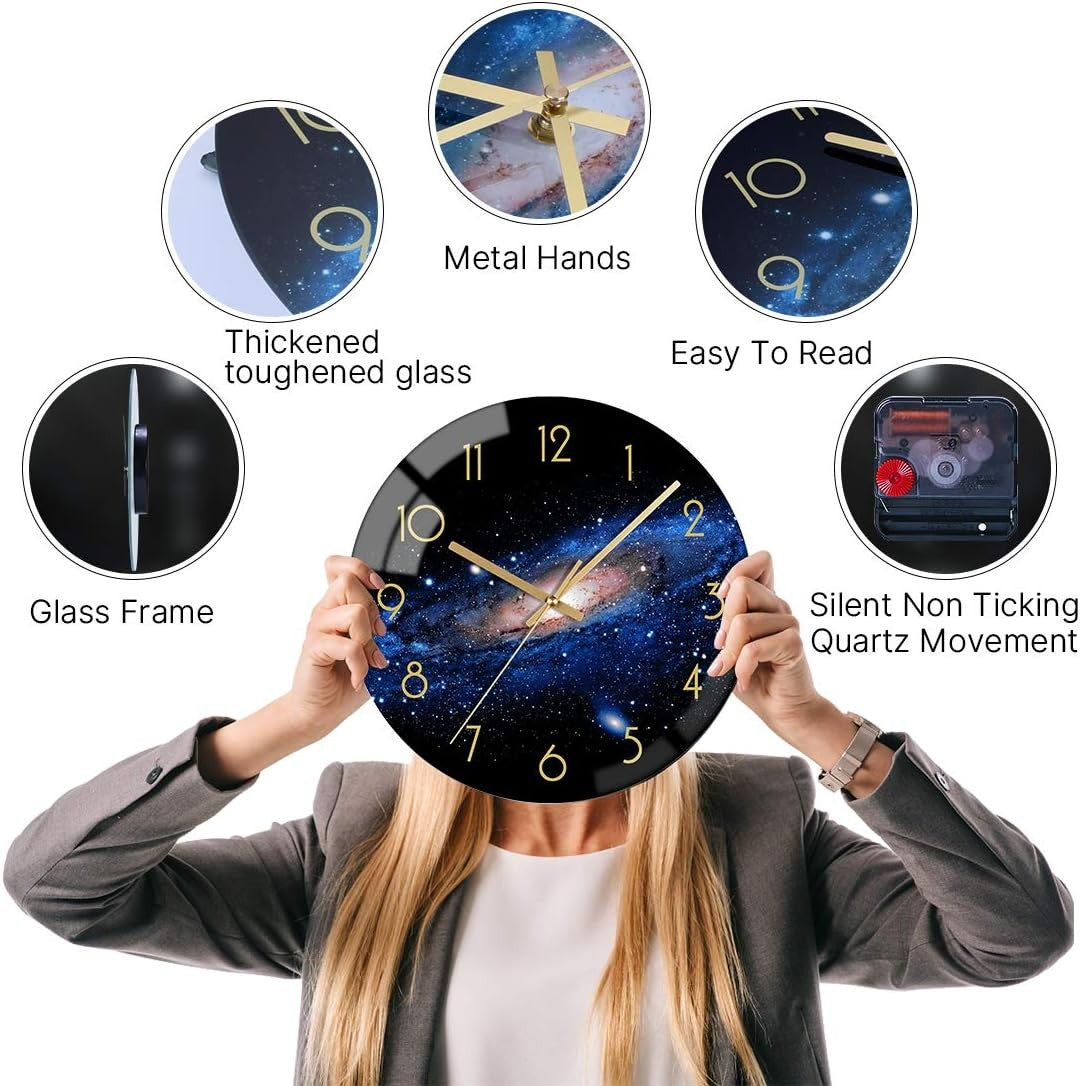 12" Night Sky Glass Wall Clock Silent Non-Ticking Modern Galaxy Decor