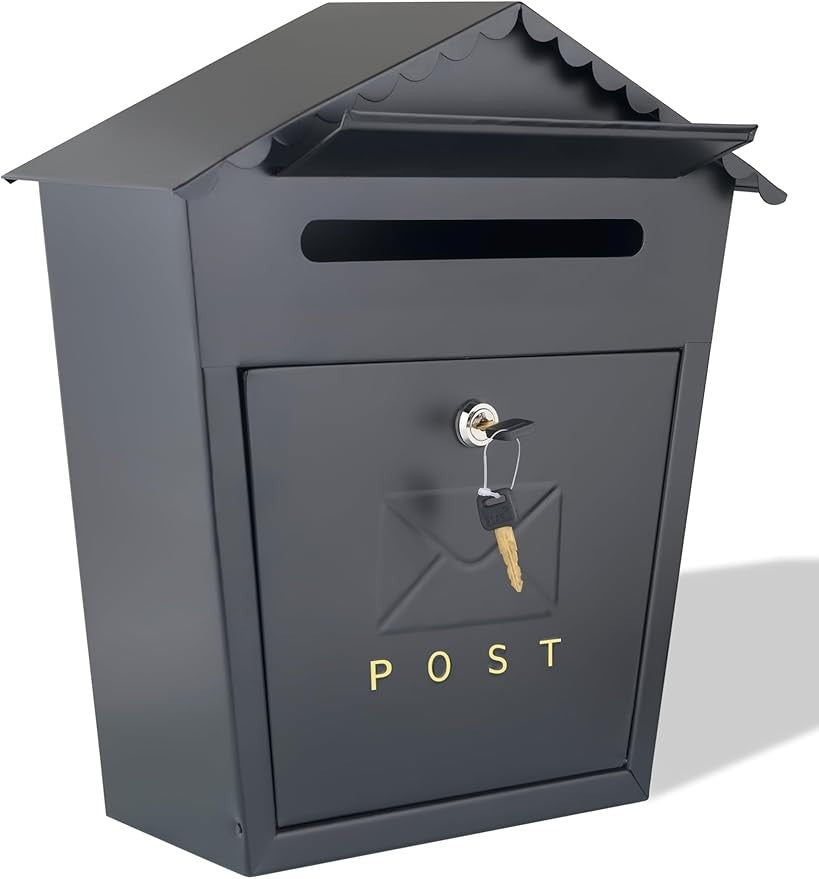 Lockable Cast Iron Wall Mounted Mailbox Black Weatherproof Post Box Large Secure