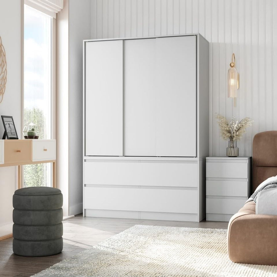 White Sliding Door Wardrobe 4 Drawer Storage Hanging Rail Modern Unit