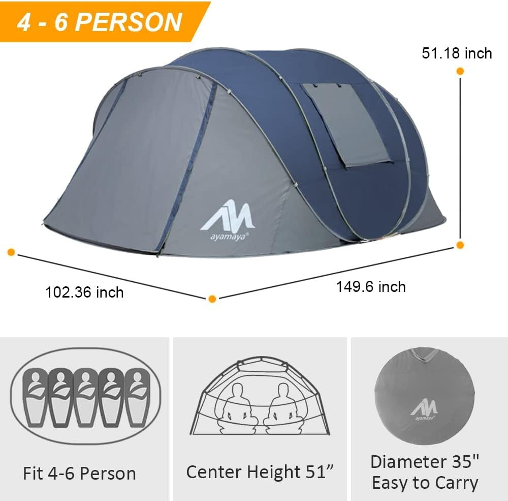 4-6 Person Pop Up Camping Tent 4 Season Waterproof Blue