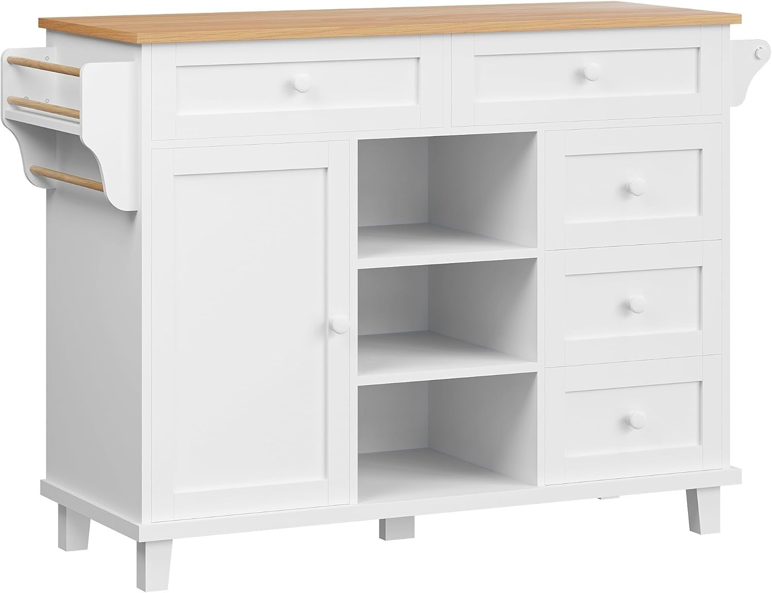 White Rolling Kitchen Island Trolley with 5 Drawers & Shelves | 134cm