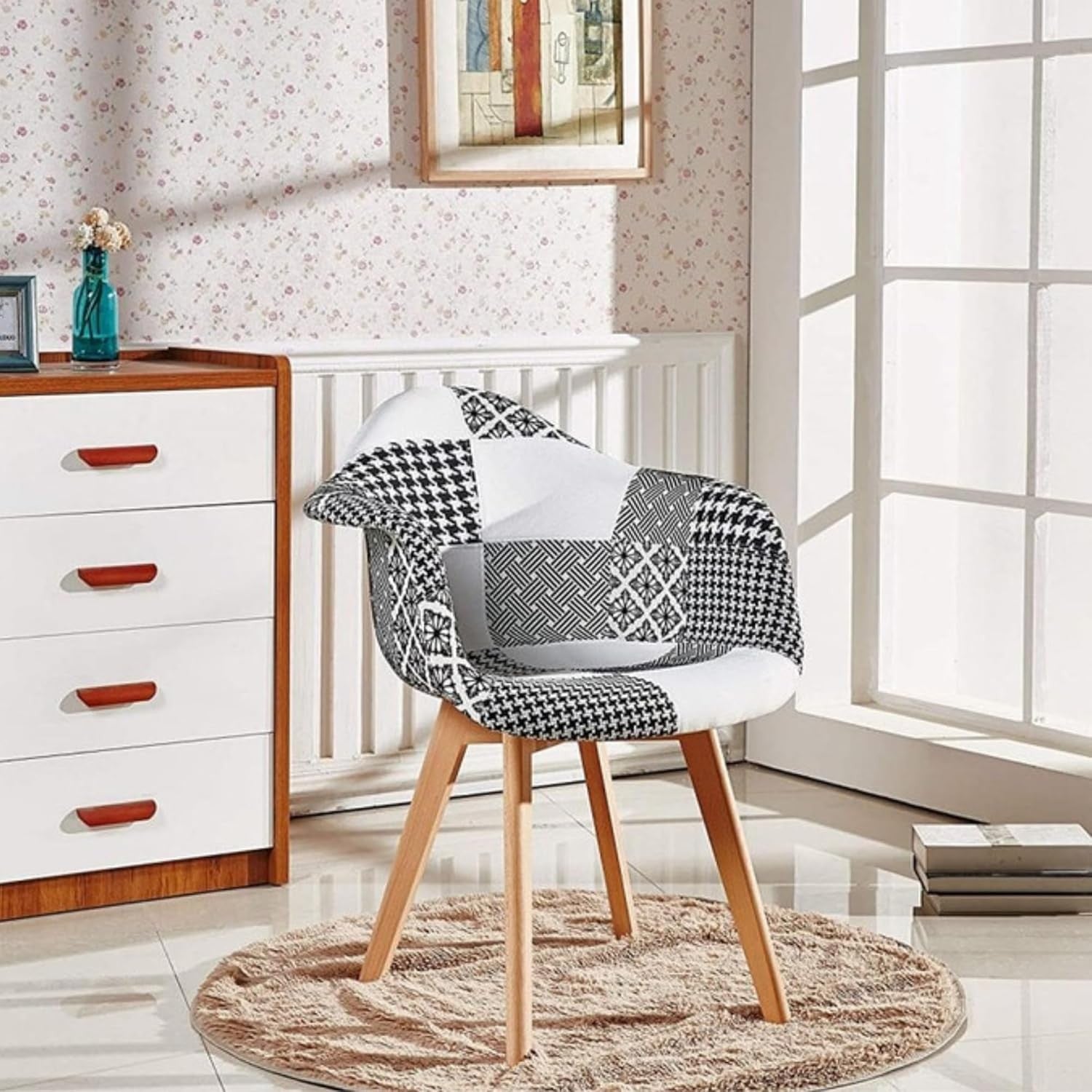 Black White Patchwork Dining Chairs Set of 2 with Arms Wood Legs