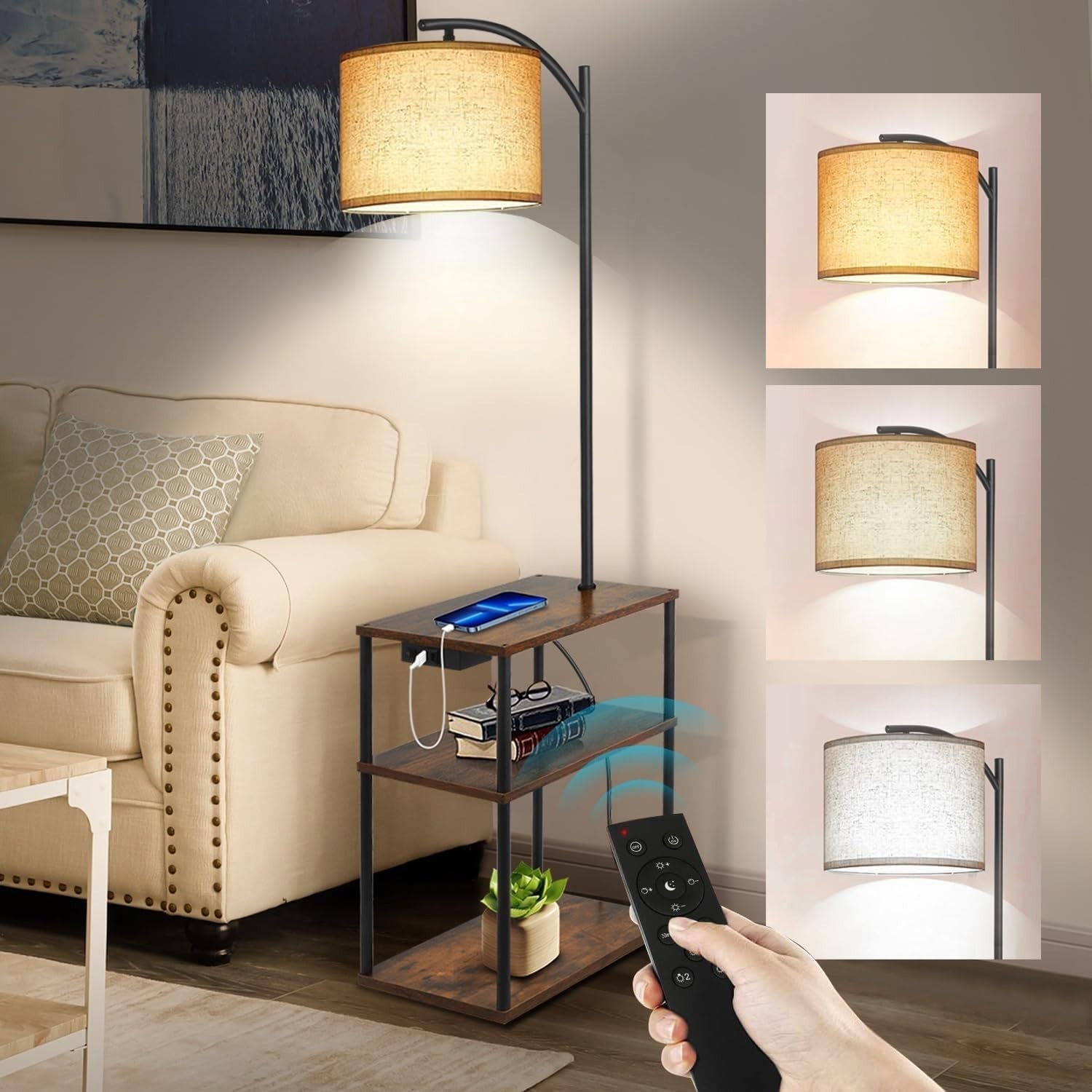 3-Way Dimmable Floor Lamp with Table USB Ports Shelves for Living Room