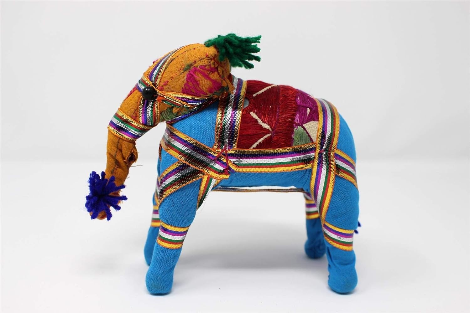 Blue Fabric Elephant Ornament | Handcrafted Colourful Standing Decor | 11cm