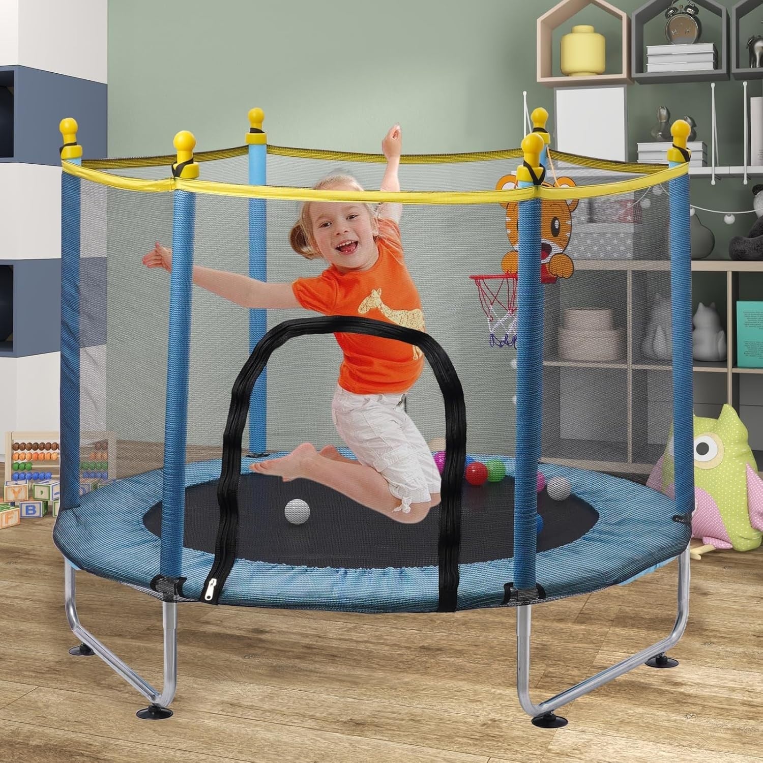 Kids Indoor Outdoor Trampoline with Safety Net & Basketball Hoop 55in