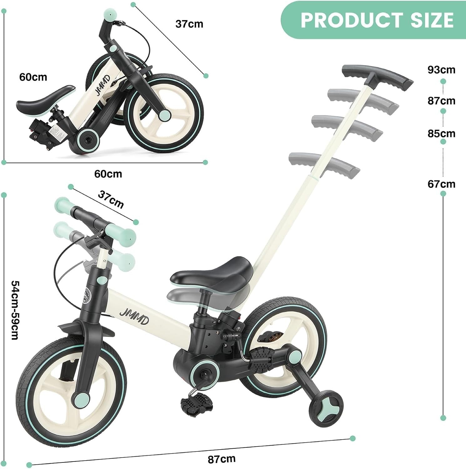 6 in 1 Toddler Bike Balance Pedal Bike Foldable Training Wheels Mint