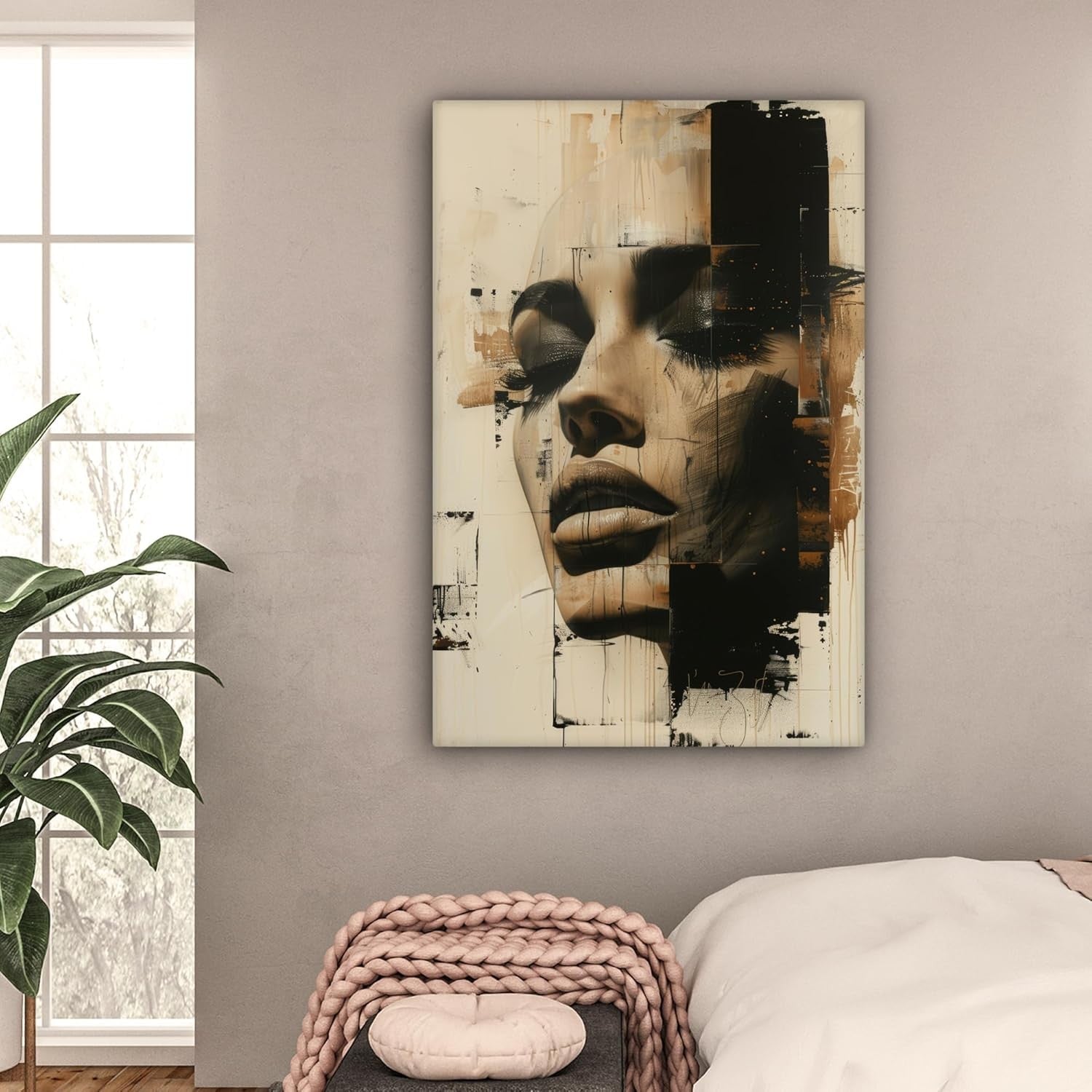 Large Abstract Woman Canvas Wall Art Modern Beige Face Print 80x120cm Decor