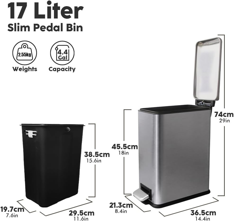 17L Stainless Steel Pedal Bin Slim Bathroom Kitchen Soft Close Grey