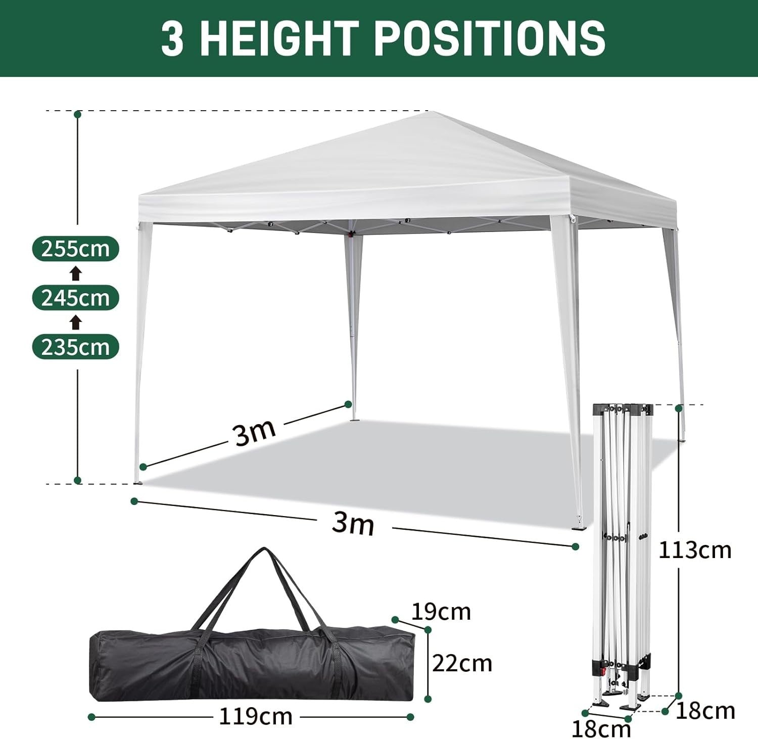 3x3M White Pop Up Gazebo with Sides Waterproof Garden Party Tent Outdoor Canopy
