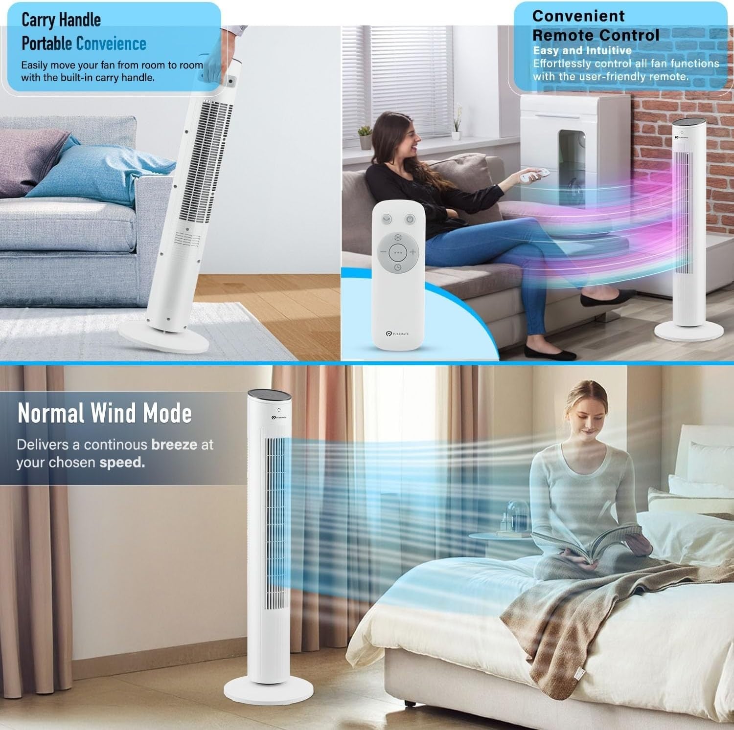 Cool Bladeless Tower Fan 43in – 3 Speed Remote Control Quiet Standing Fan White