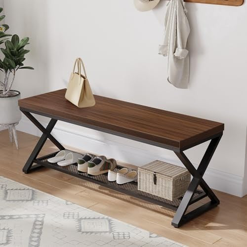 Walnut Industrial Entryway Storage Bench Metal Frame Shoe Rack Seat 119x36x46cm