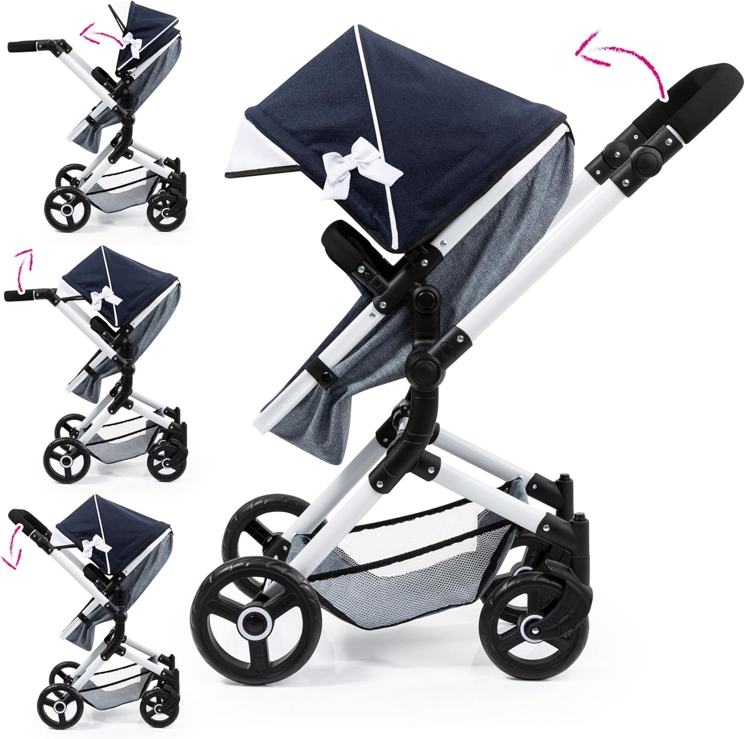 Convertible Doll Pram Stroller Adjustable Handle Foldable Basket Bag