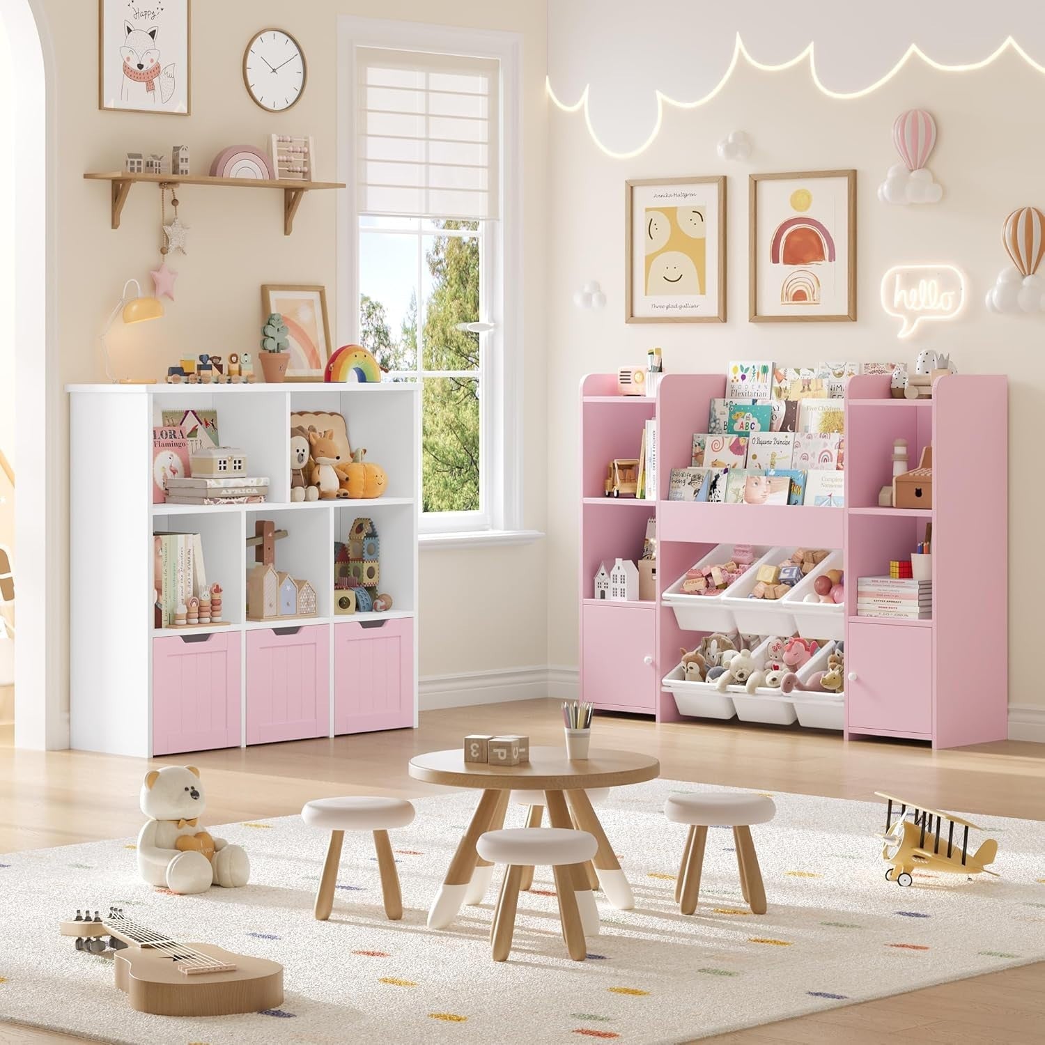 Large Kids Toy Storage Bookshelf with 6 Boxes & 4 Tier Shelves for Playroom Pink