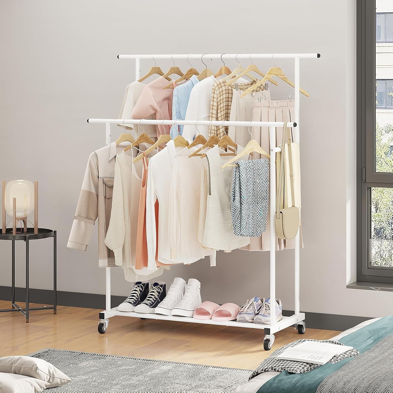 White Double Rod Clothes Rack with Wheels & Storage Shelf