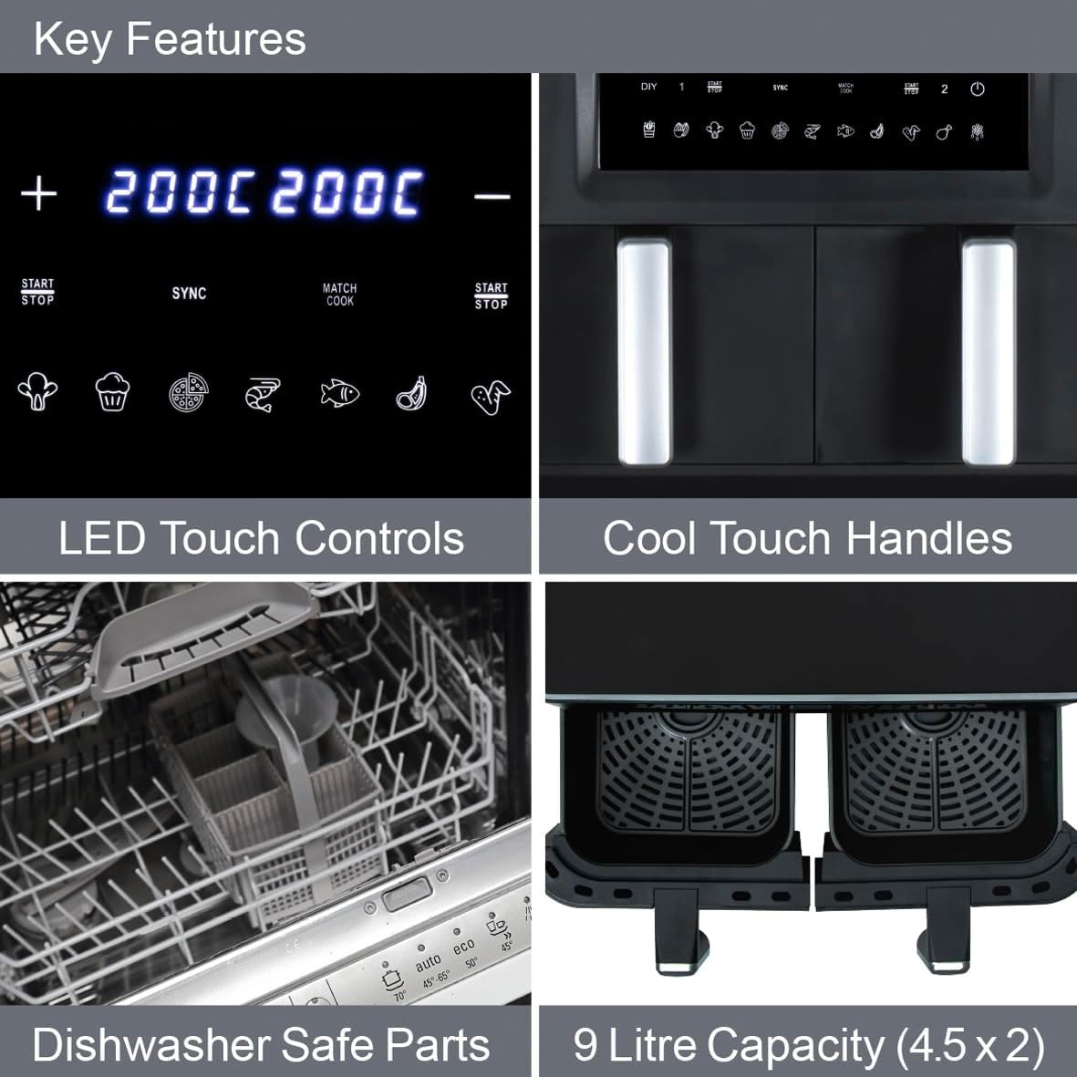 Dual Air Fryer 9L | Twin Zone, Presets, LED Touch, Non-Stick, 60-Min Timer