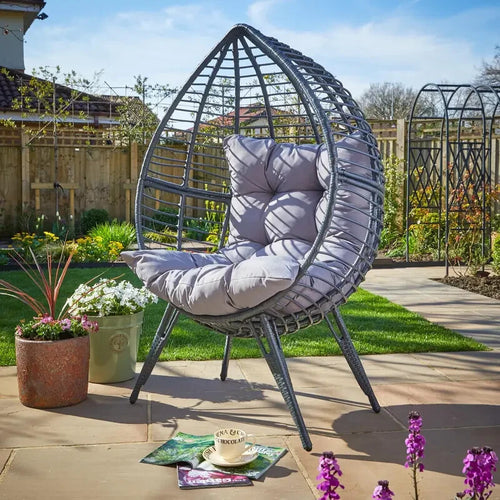 Grey Rattan Egg Chair w/ Waterproof Cushion Indoor Outdoor Patio Seat