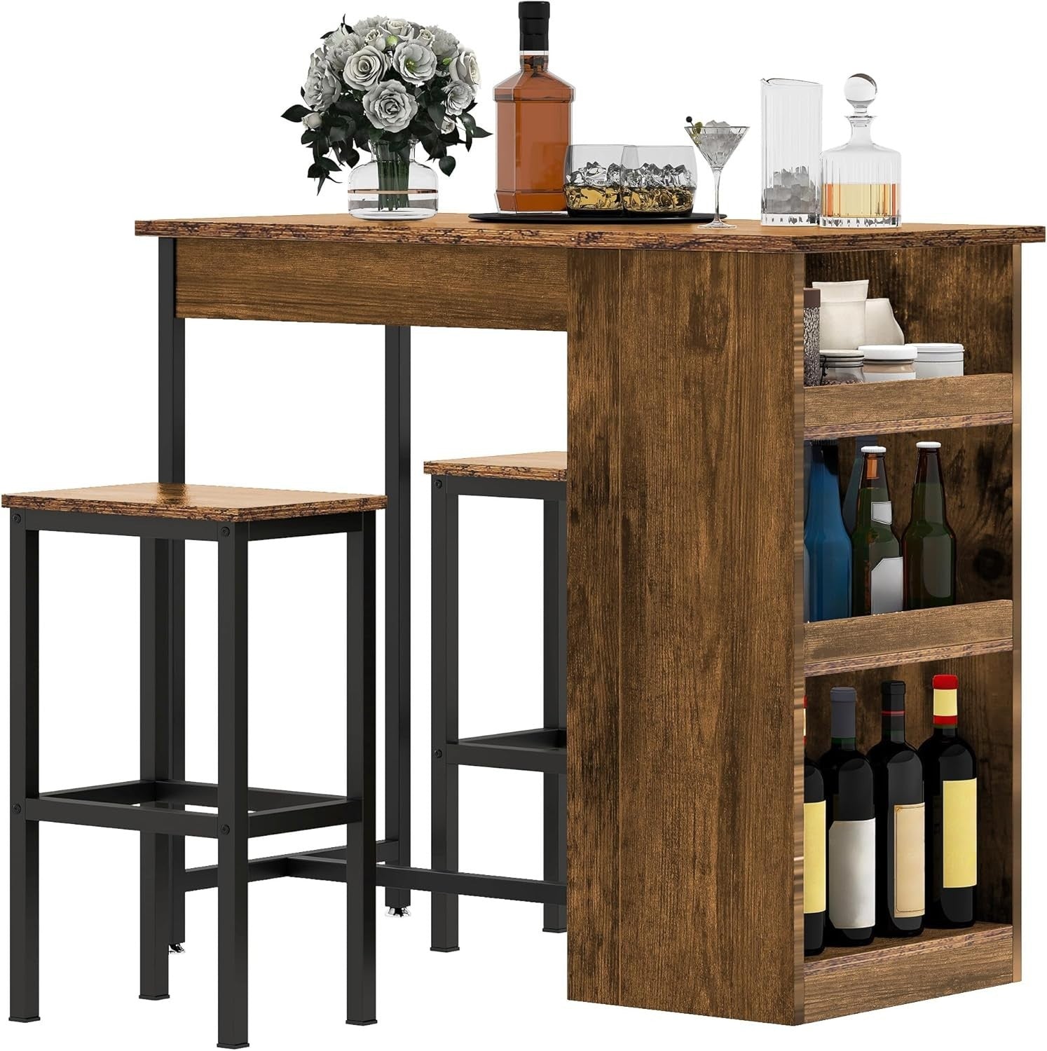 Rustic Brown Bar Table Set with 2 Stools Industrial Wood Top Storage Shelves