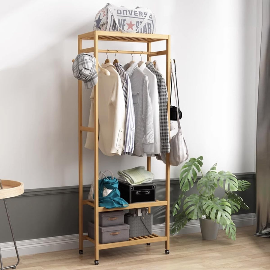 Bamboo Clothes Rack Portable Garment Rail with Wheels & Shoe Storage for Bedroom