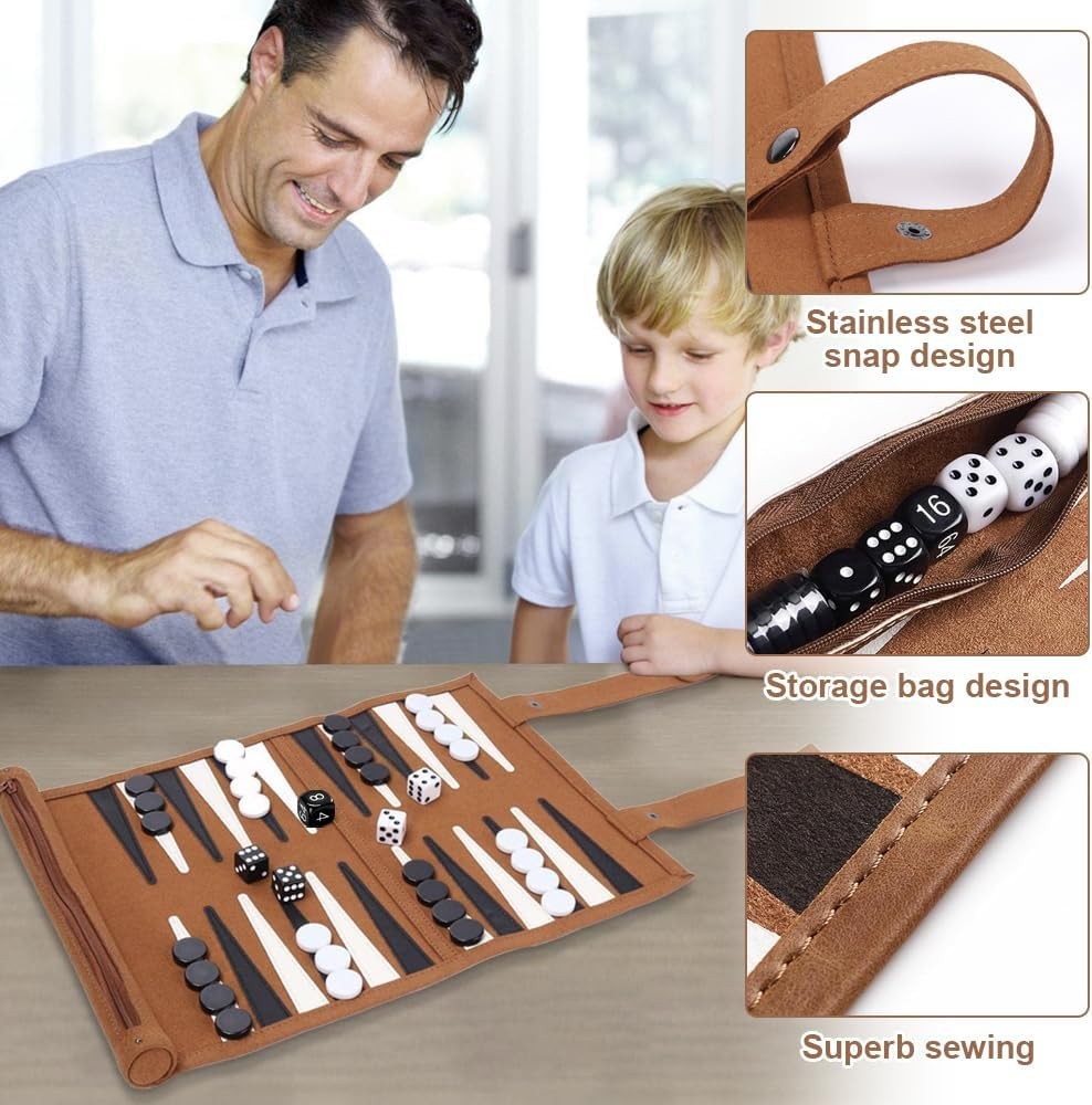 Travel Backgammon Set Roll Up Leather Board Portable 2 Player Game