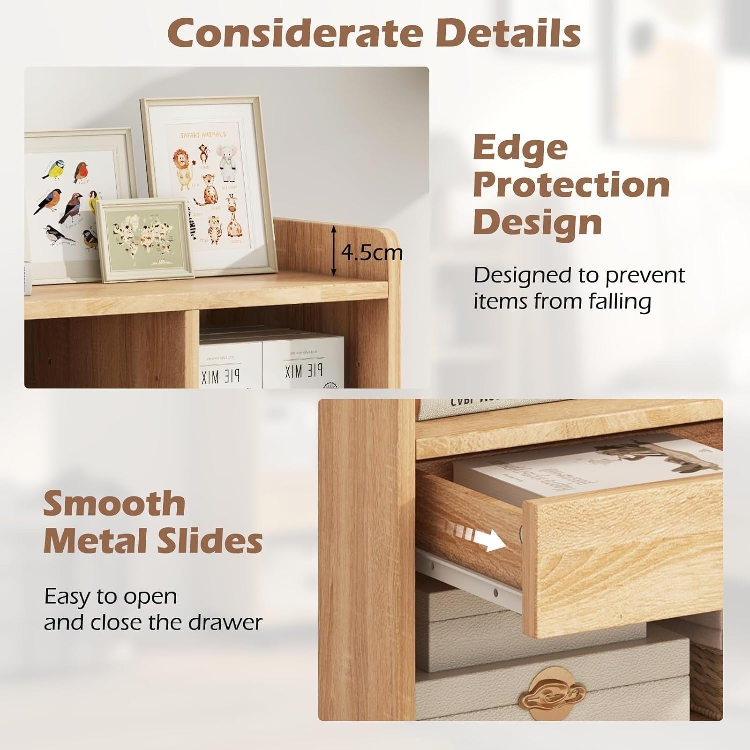 Mobile Bedside Table with Drawer & Shelves | Natural Wood Side Table on Wheels