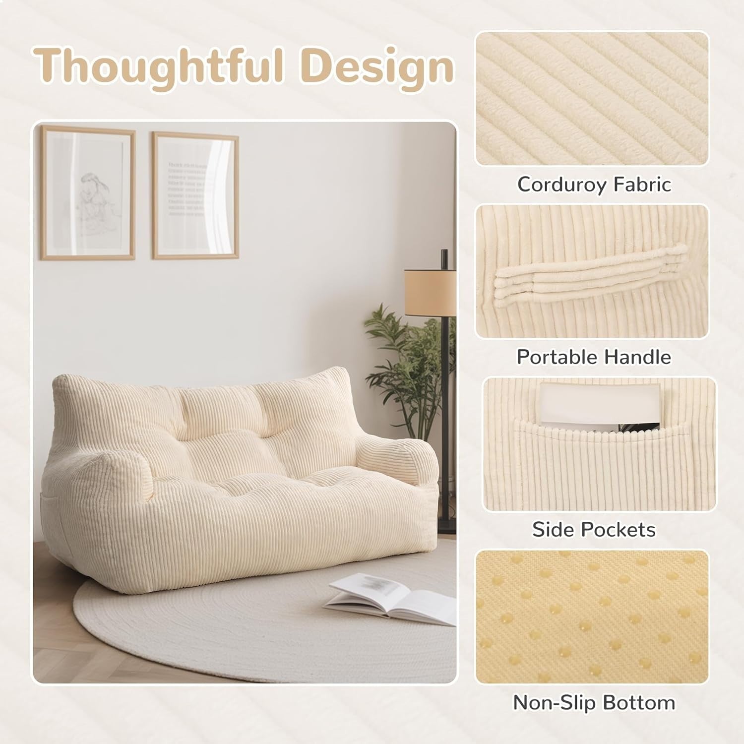 Large 2 Seater Bean Bag Sofa Chair Adult Comfy Corduroy for Lounge Room